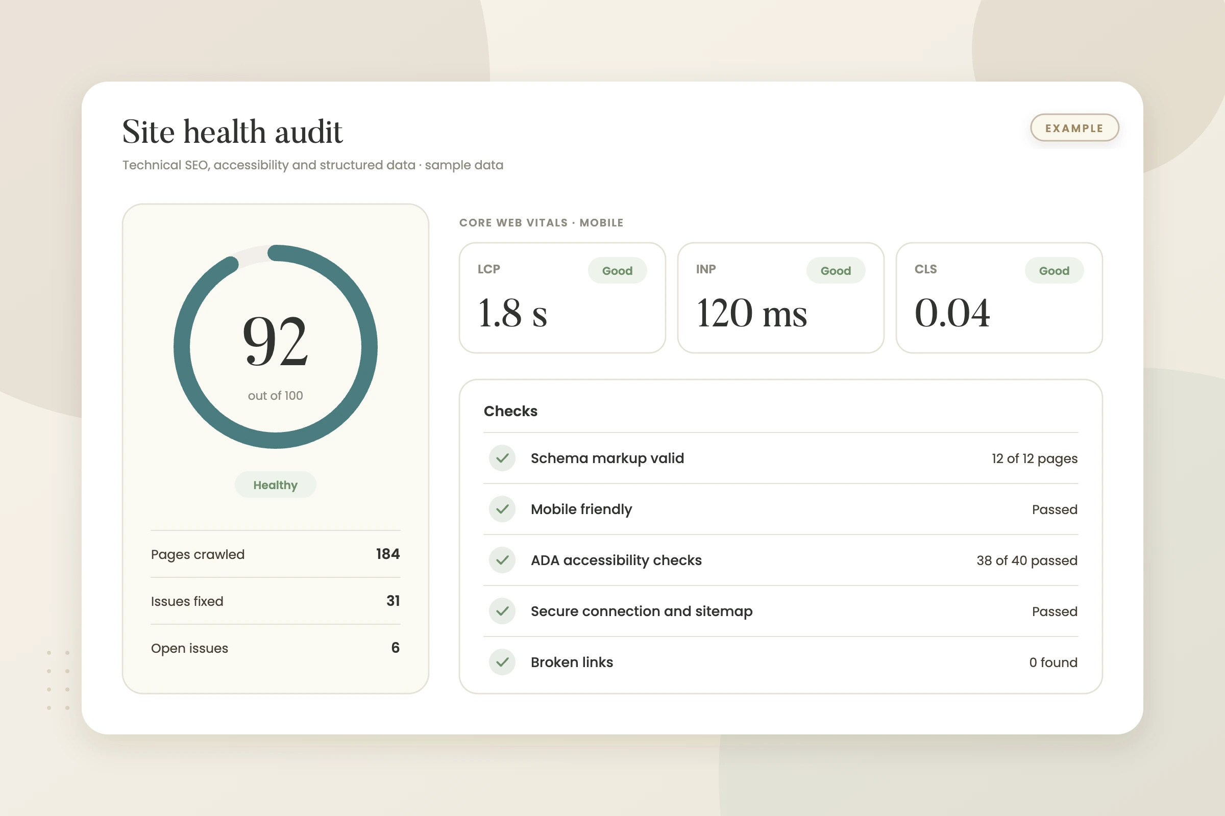 Example graphic: site health and technical seo audit for a fictional physical therapy clinic, shown with sample data