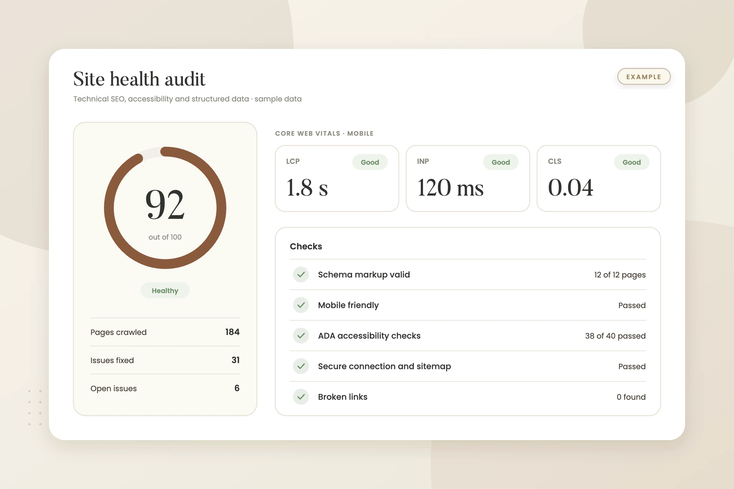 Example graphic: site health and technical seo audit for a fictional roofing company, shown with sample data