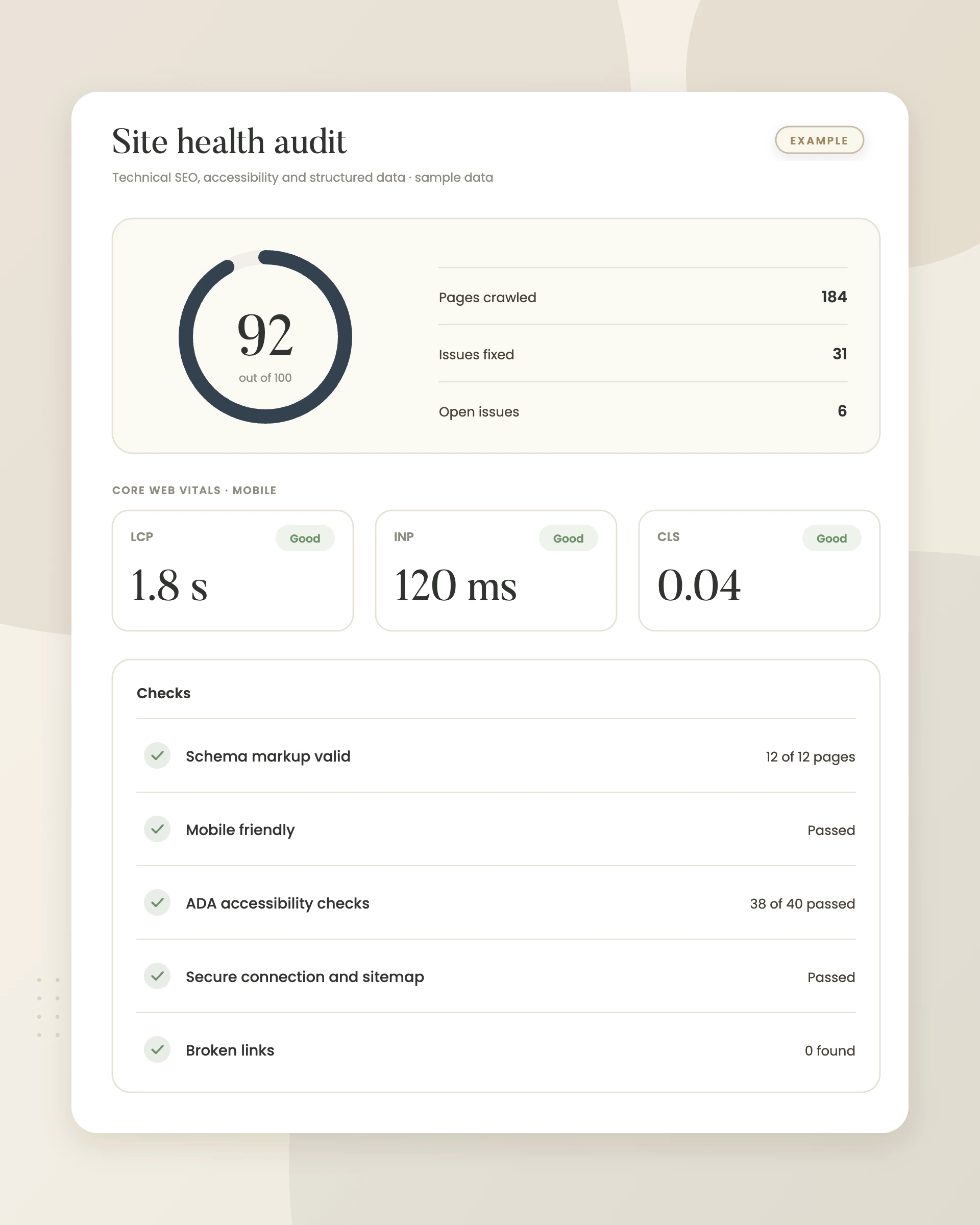 Example graphic: site health and technical seo audit for a fictional law firm, shown with sample data