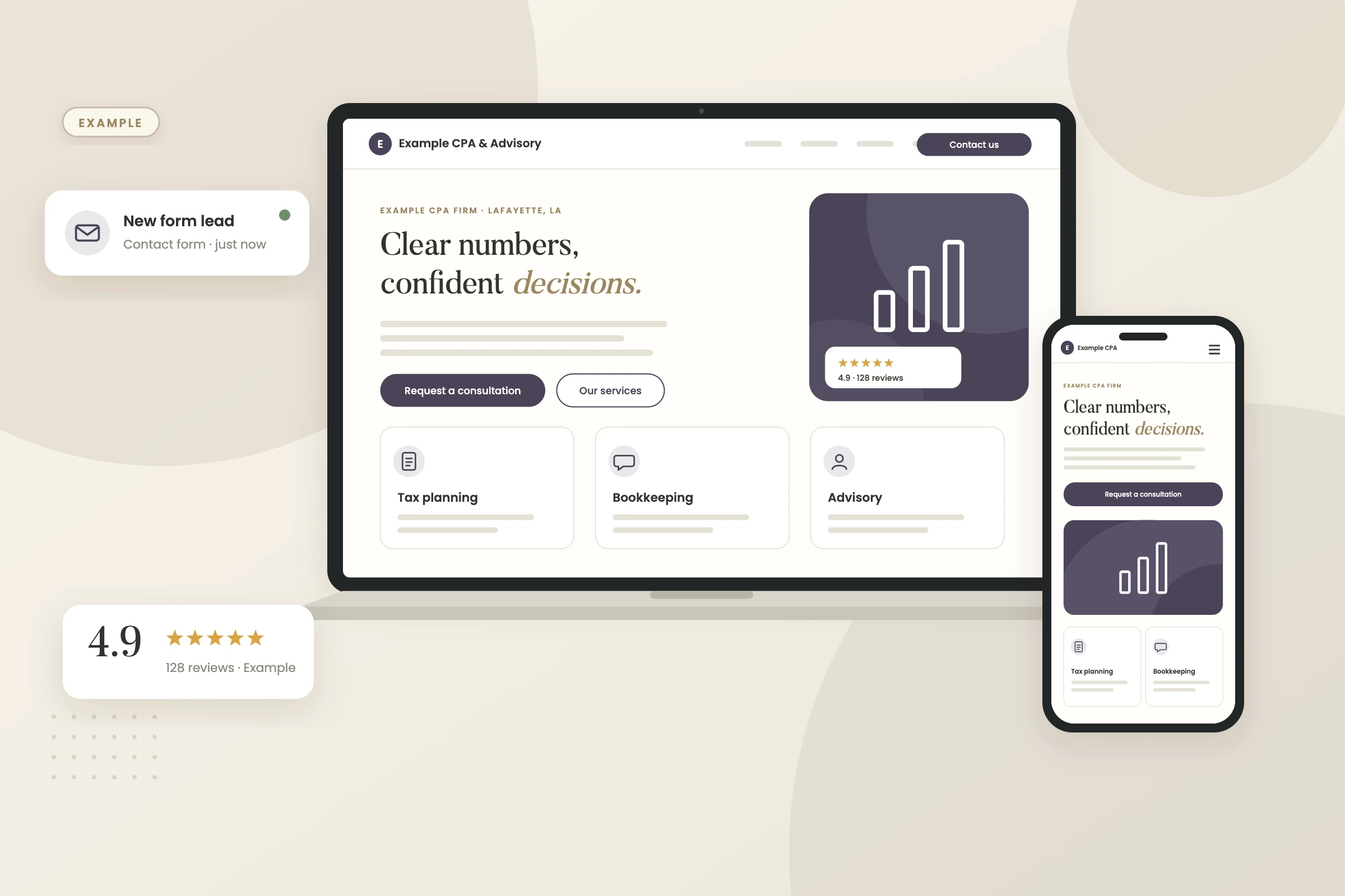 Example graphic: website on laptop and phone for a fictional CPA firm, shown with sample data