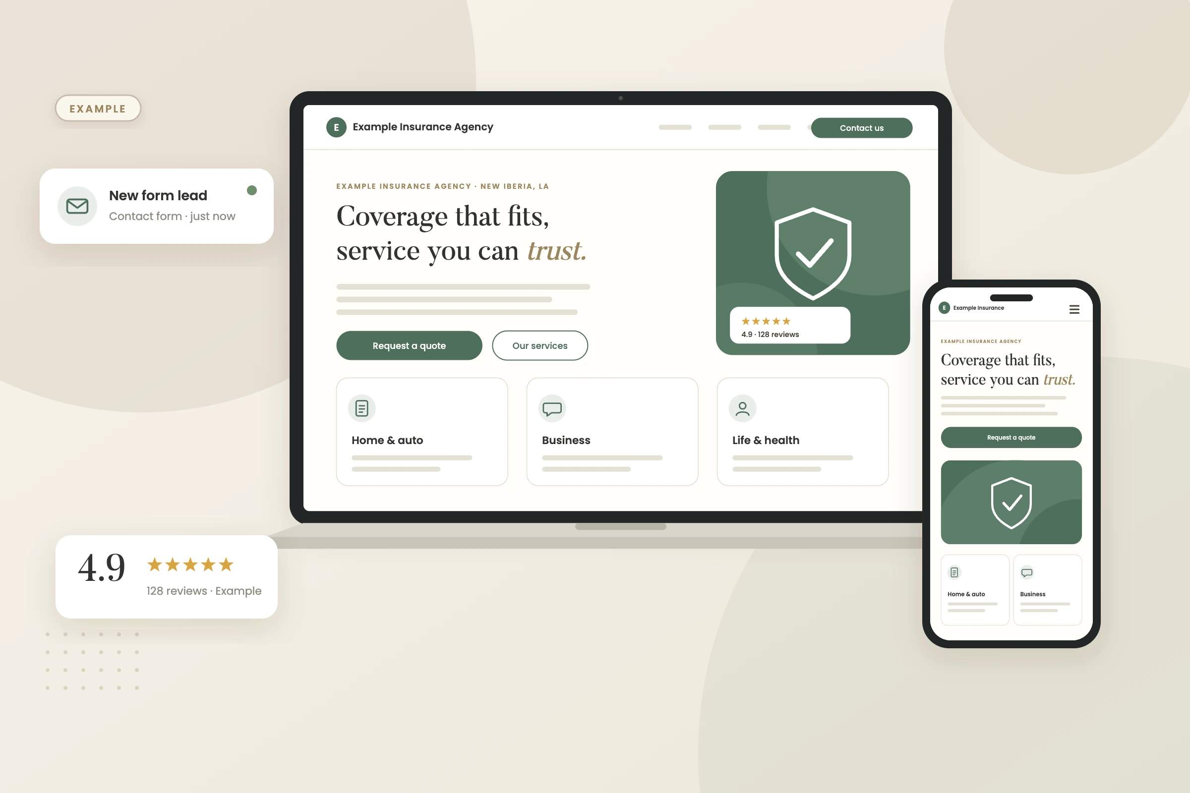 Example graphic: website on laptop and phone for a fictional insurance agency, shown with sample data