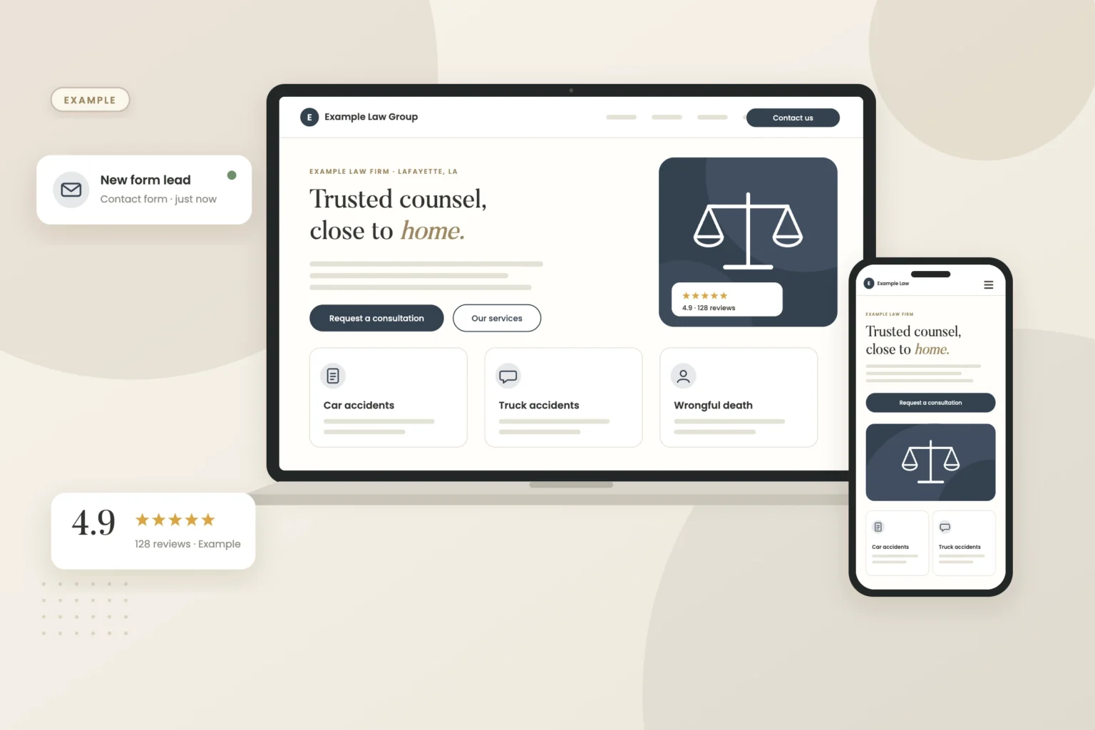 Example graphic: website on laptop and phone for a fictional law firm, shown with sample data