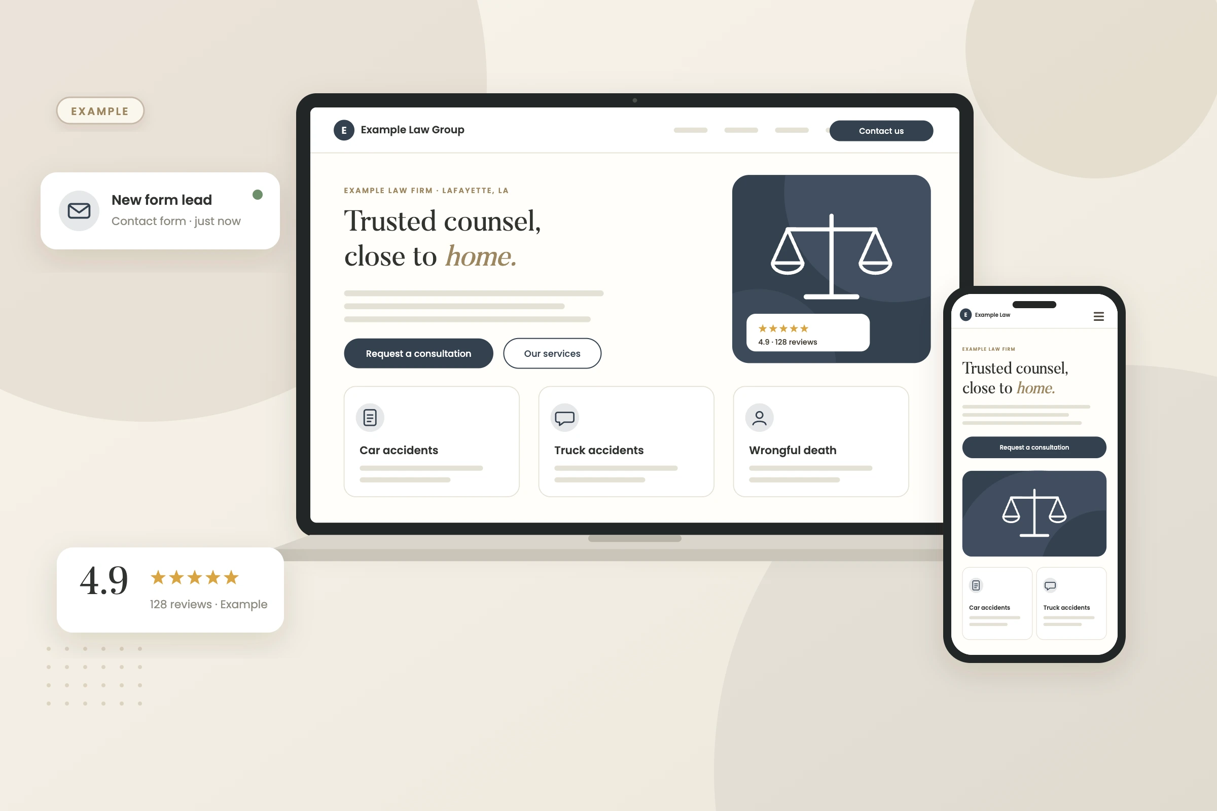 Example graphic: website on laptop and phone for a fictional law firm, shown with sample data