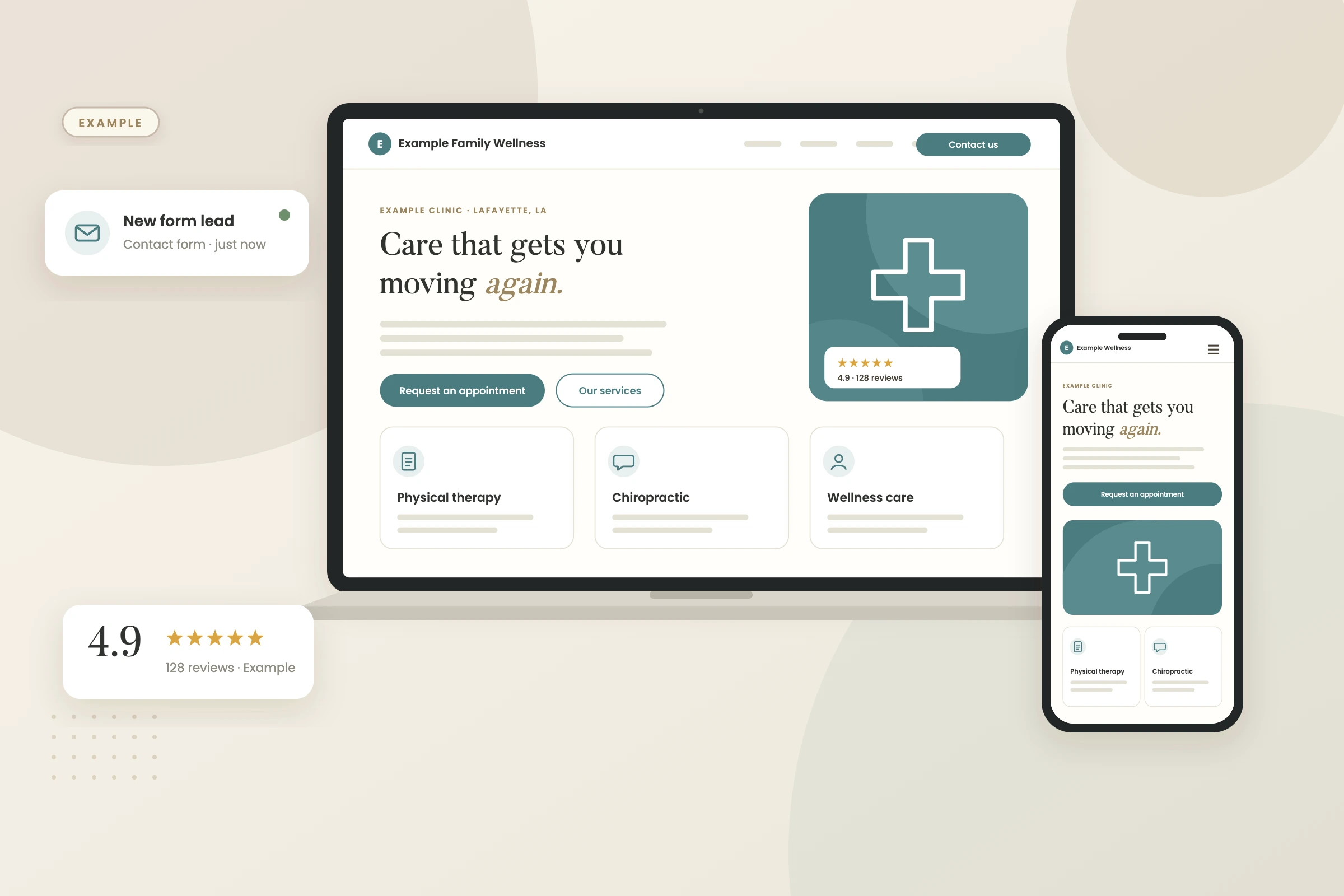 Example graphic: website on laptop and phone for a fictional physical therapy clinic, shown with sample data