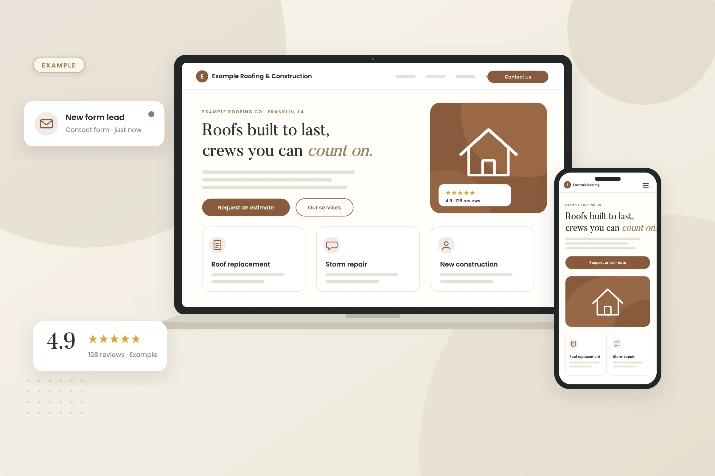 Example graphic: website on laptop and phone for a fictional roofing company, shown with sample data