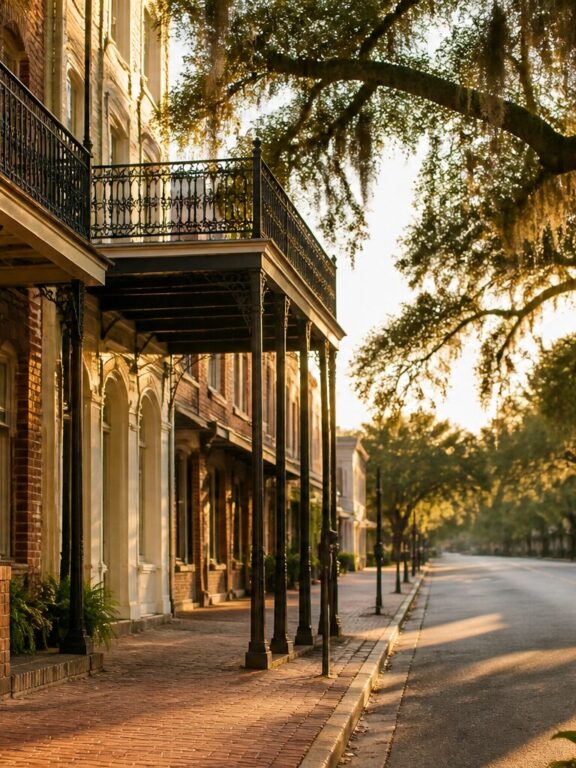 Historic brick storefronts with iron galleries and a live oak draped in Spanish moss on an Acadiana, Louisiana main street