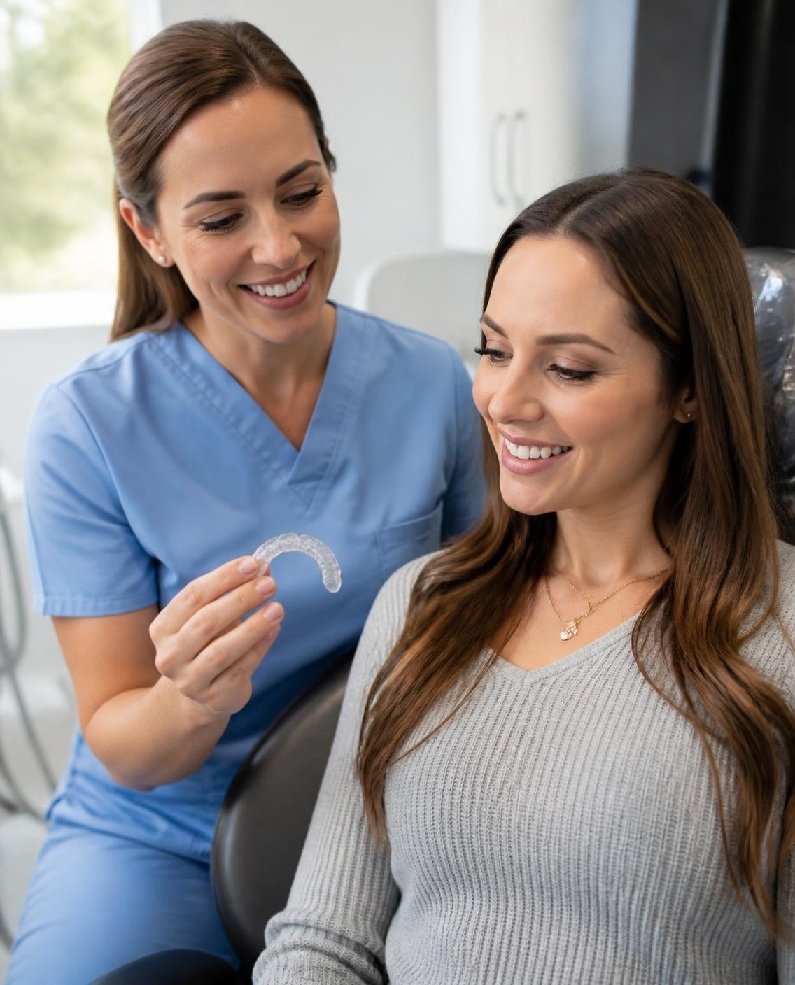 Dental team member showing a patient a clear aligner