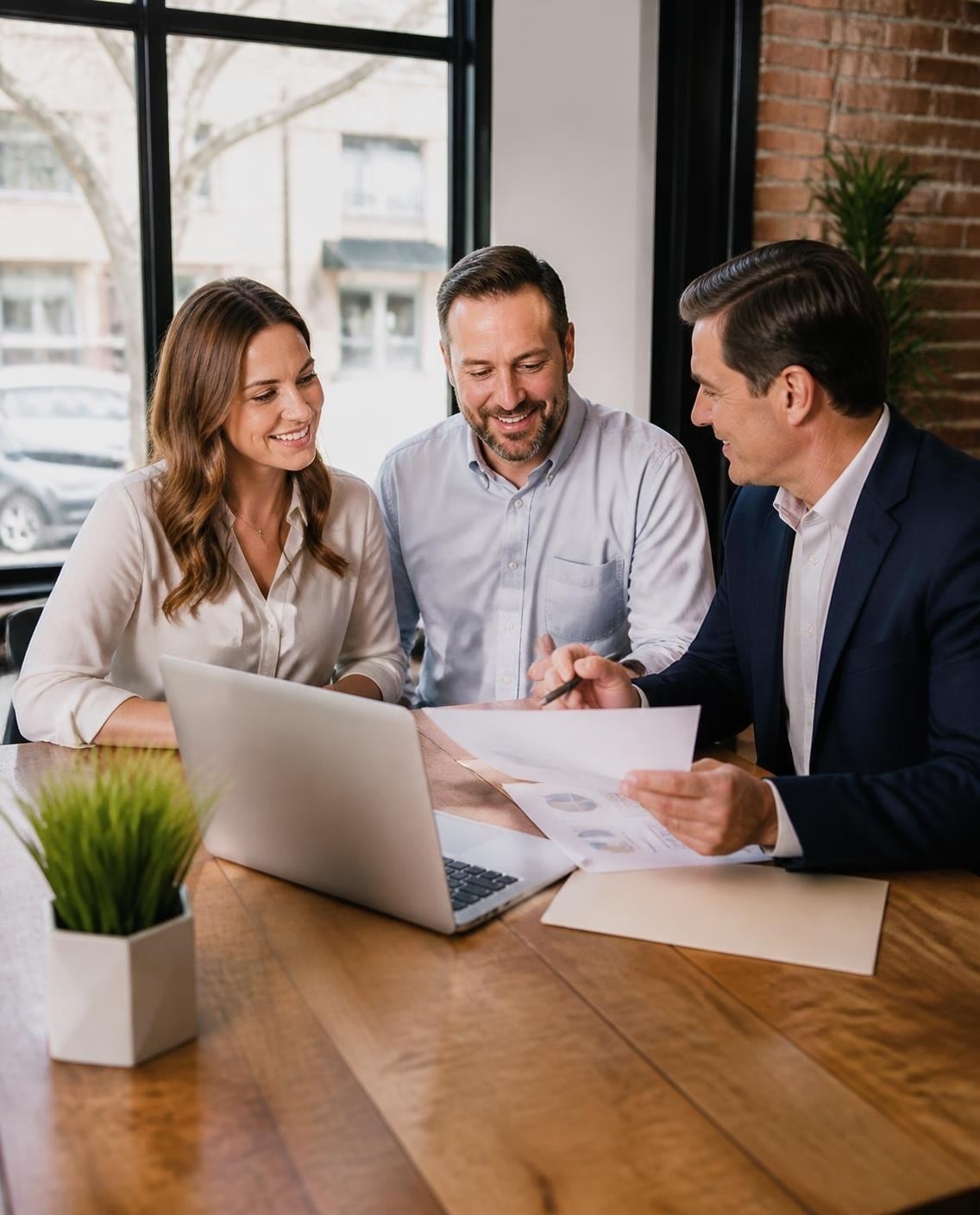 CPA reviewing financial statements with small business owners