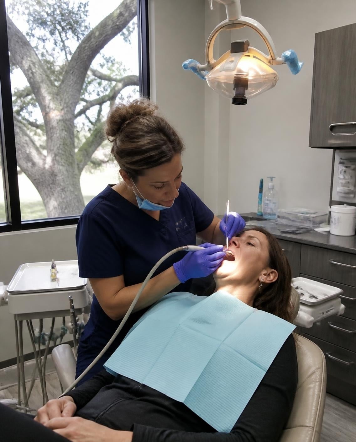Dental hygienist cleaning a patient's teeth in a bright operatory