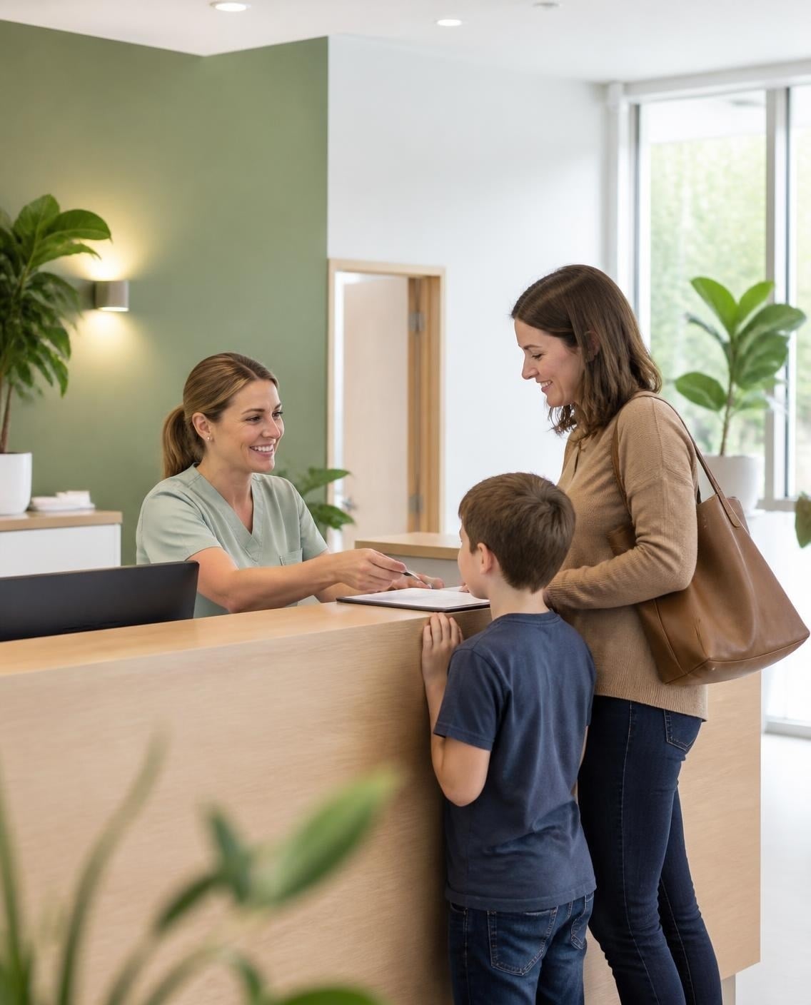 Dental office front desk checking in a mother and her son
