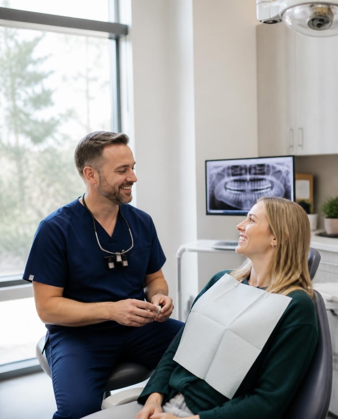 Dentist talking with a smiling patient in the dental chair