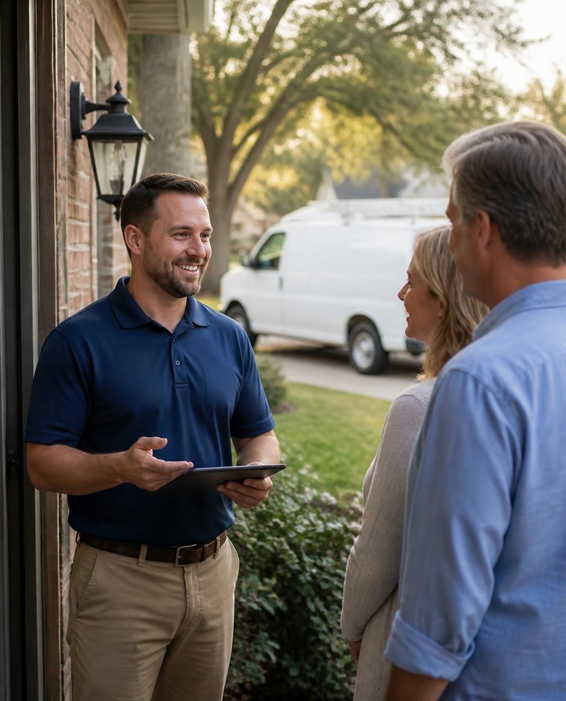 Home service technician going over a quote with homeowners at their front door
