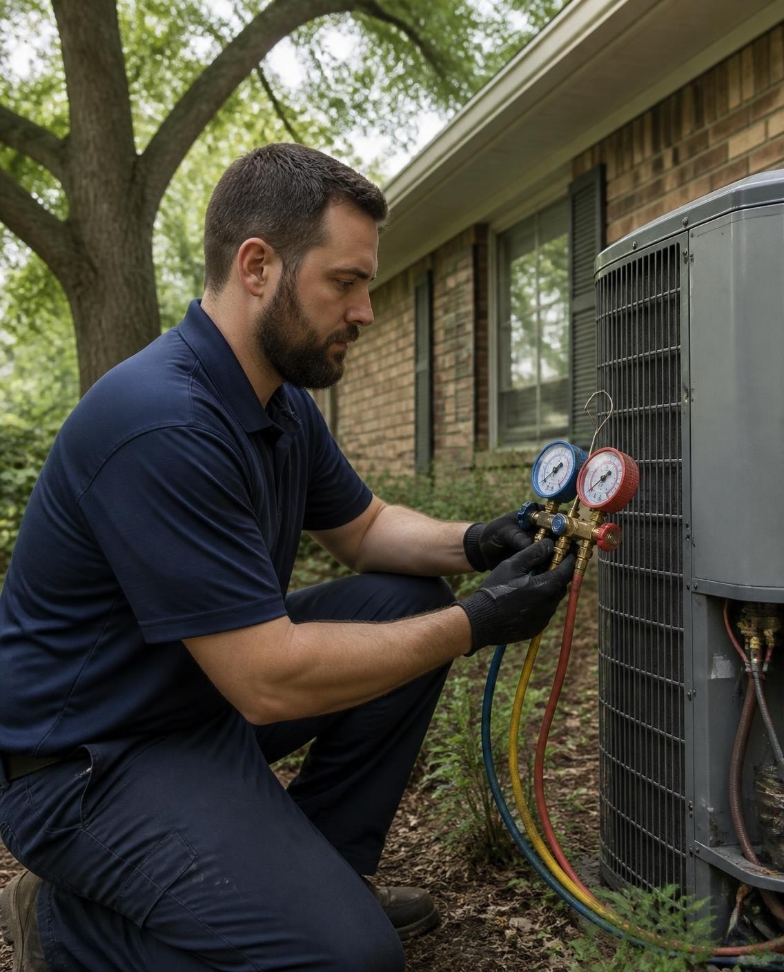 HVAC technician checking refrigerant pressure on a home AC unit