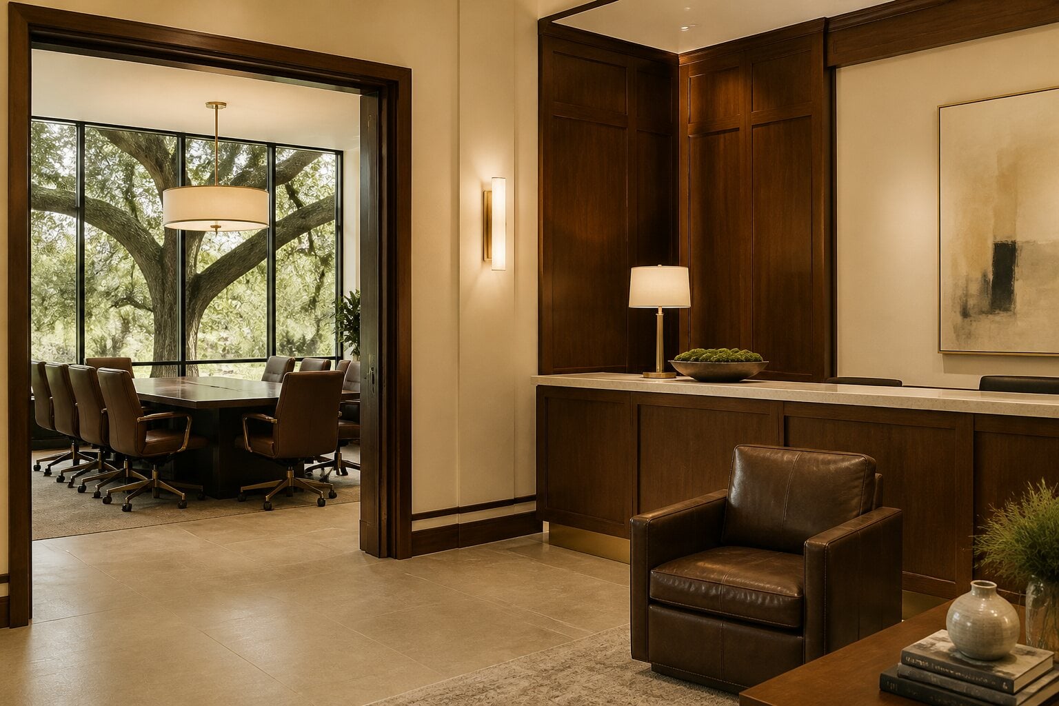Warm wood-paneled law office conference room with leather chair and a live oak visible through tall windows