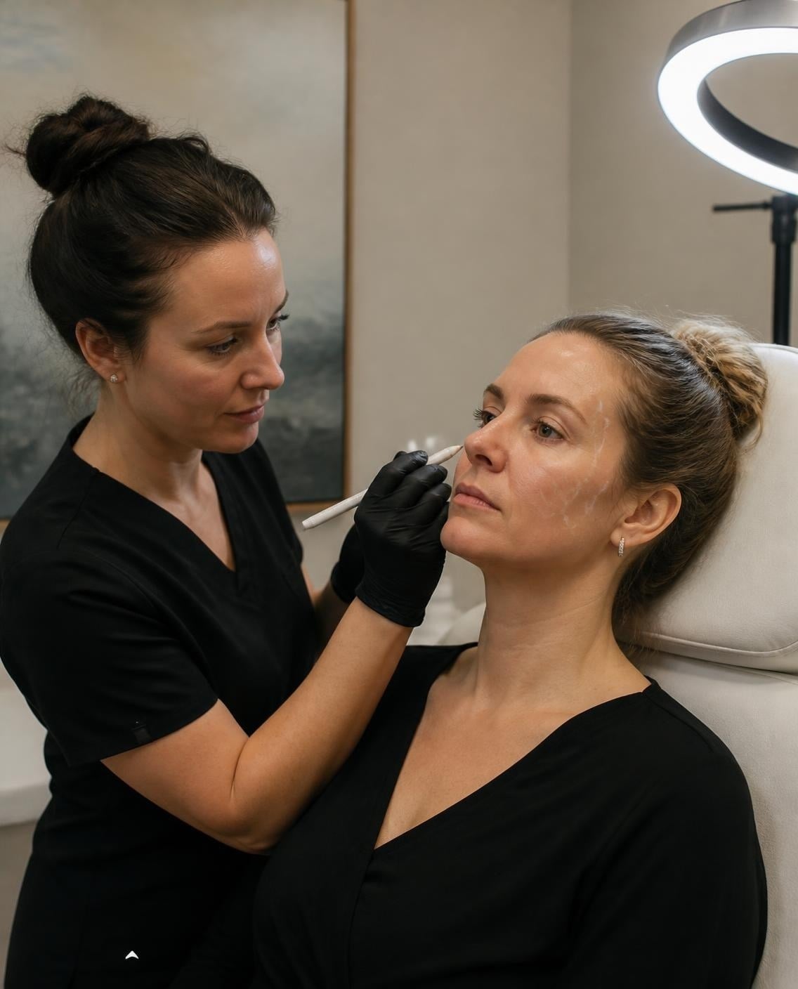 Nurse injector marking treatment points before a cosmetic injectable appointment