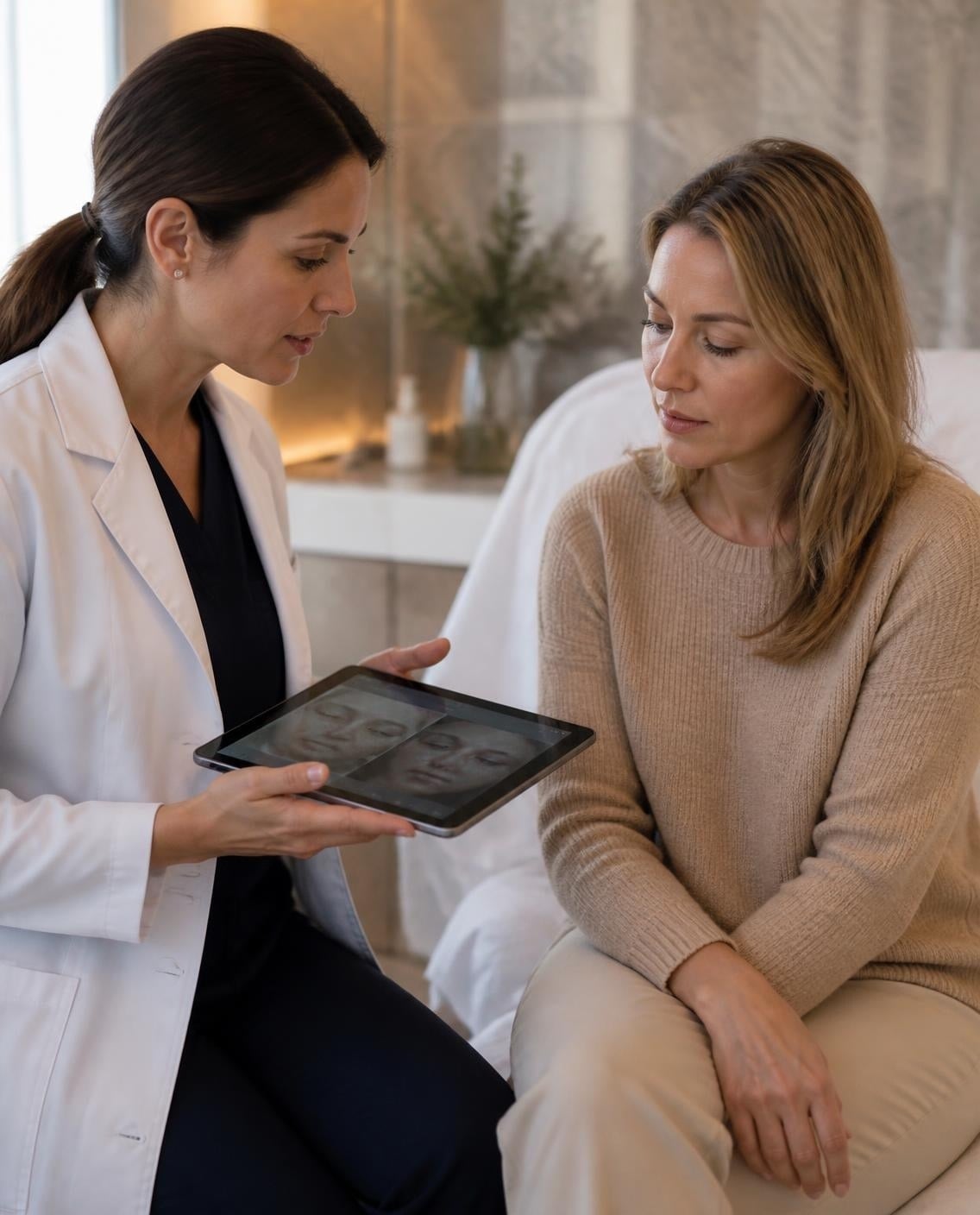 Provider reviewing skin treatment options with a med spa client on a tablet