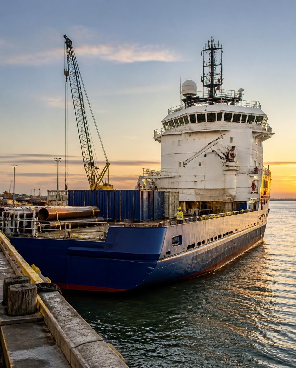 Offshore supply vessel docked at a Gulf Coast port at sunrise