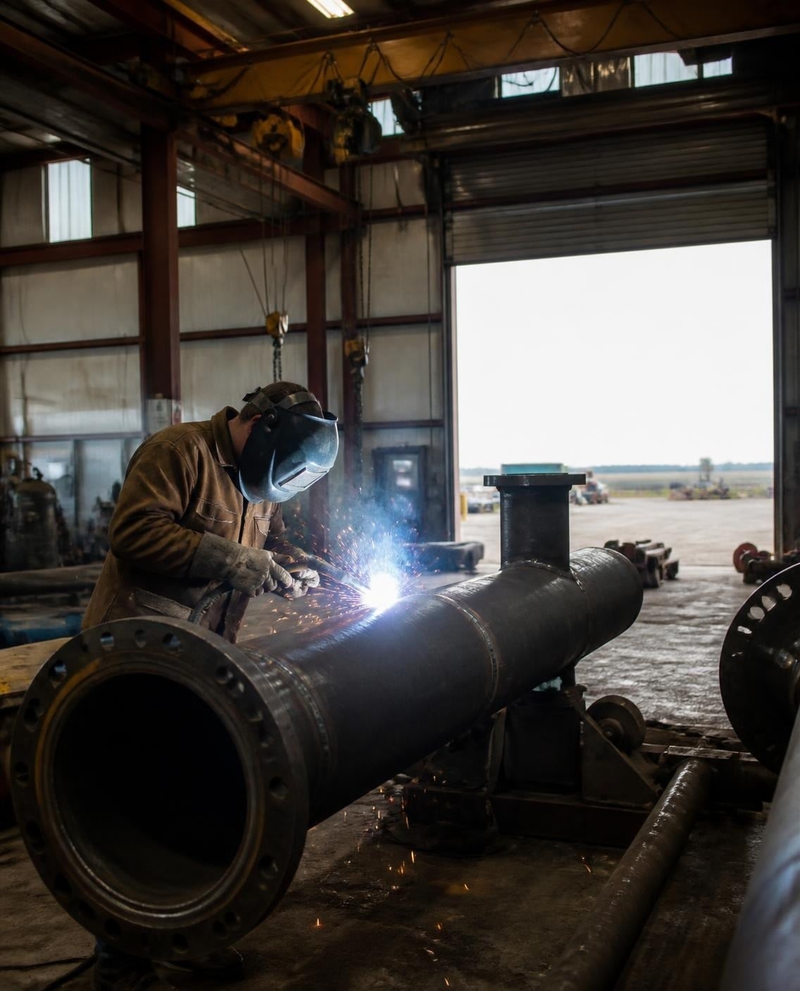 Welder fabricating a steel pipe spool in an oilfield fabrication shop
