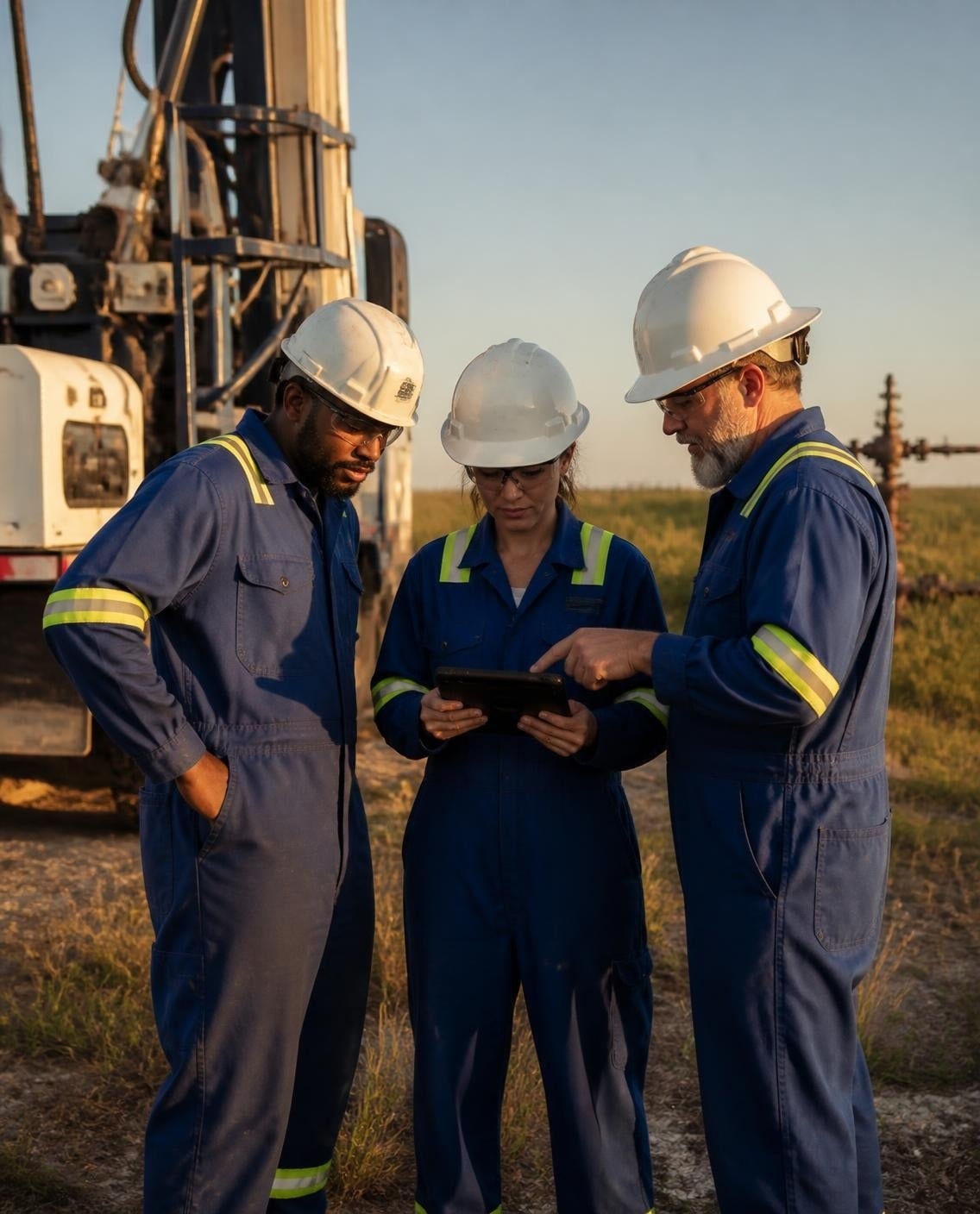 Oilfield service crew reviewing a work plan at a land well site