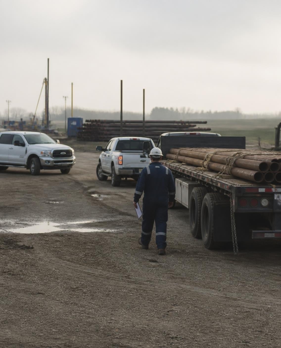 Oilfield service yard with pickup trucks and a flatbed loaded with pipe