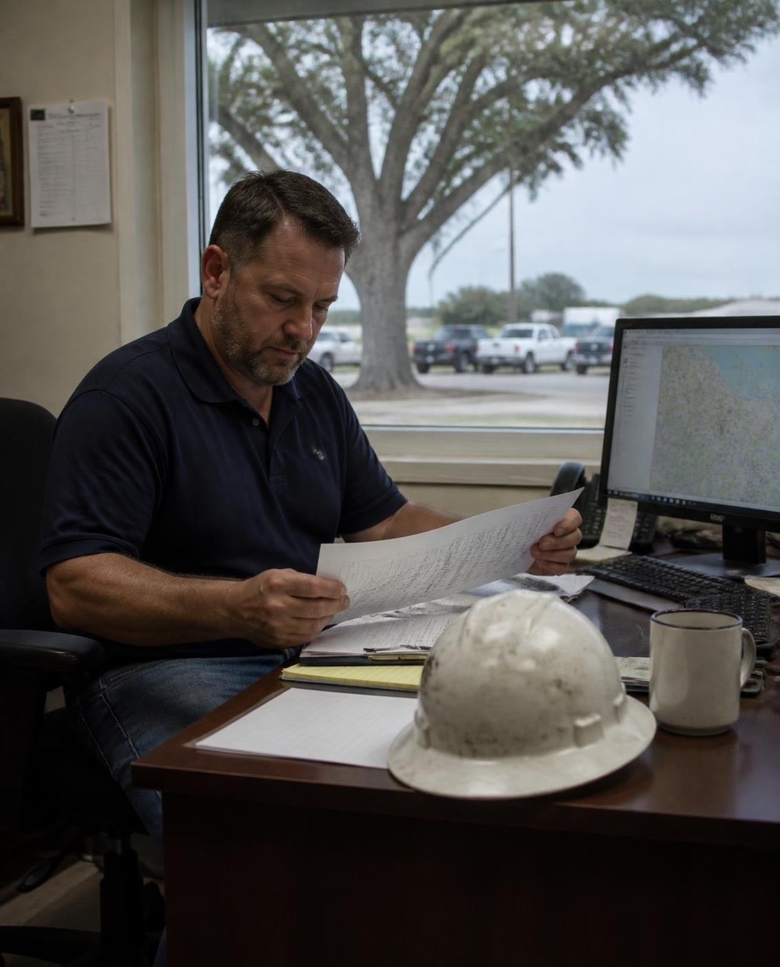 Operations manager reviewing a job schedule in an oilfield services office