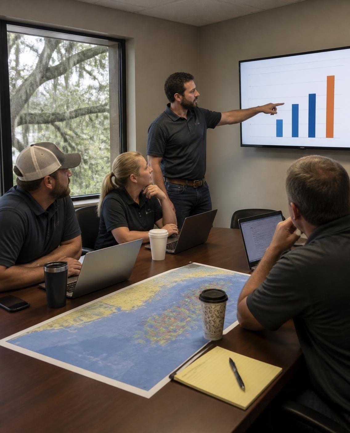 Oilfield services team reviewing results in a conference room
