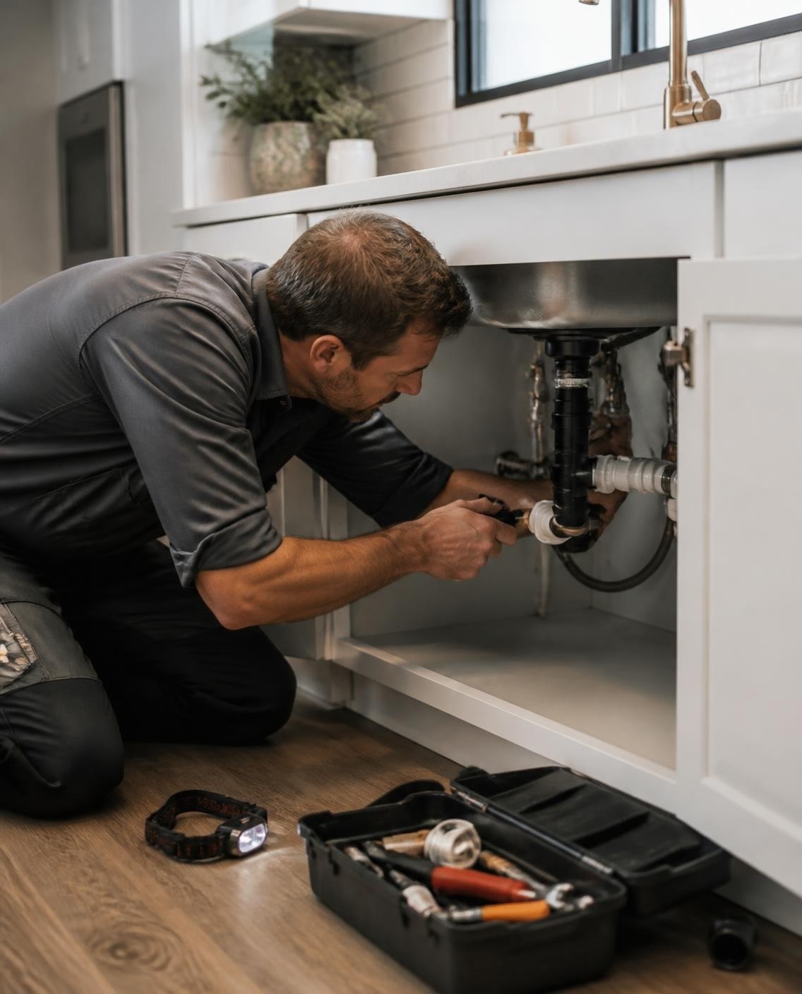 Plumber repairing a kitchen sink drain line