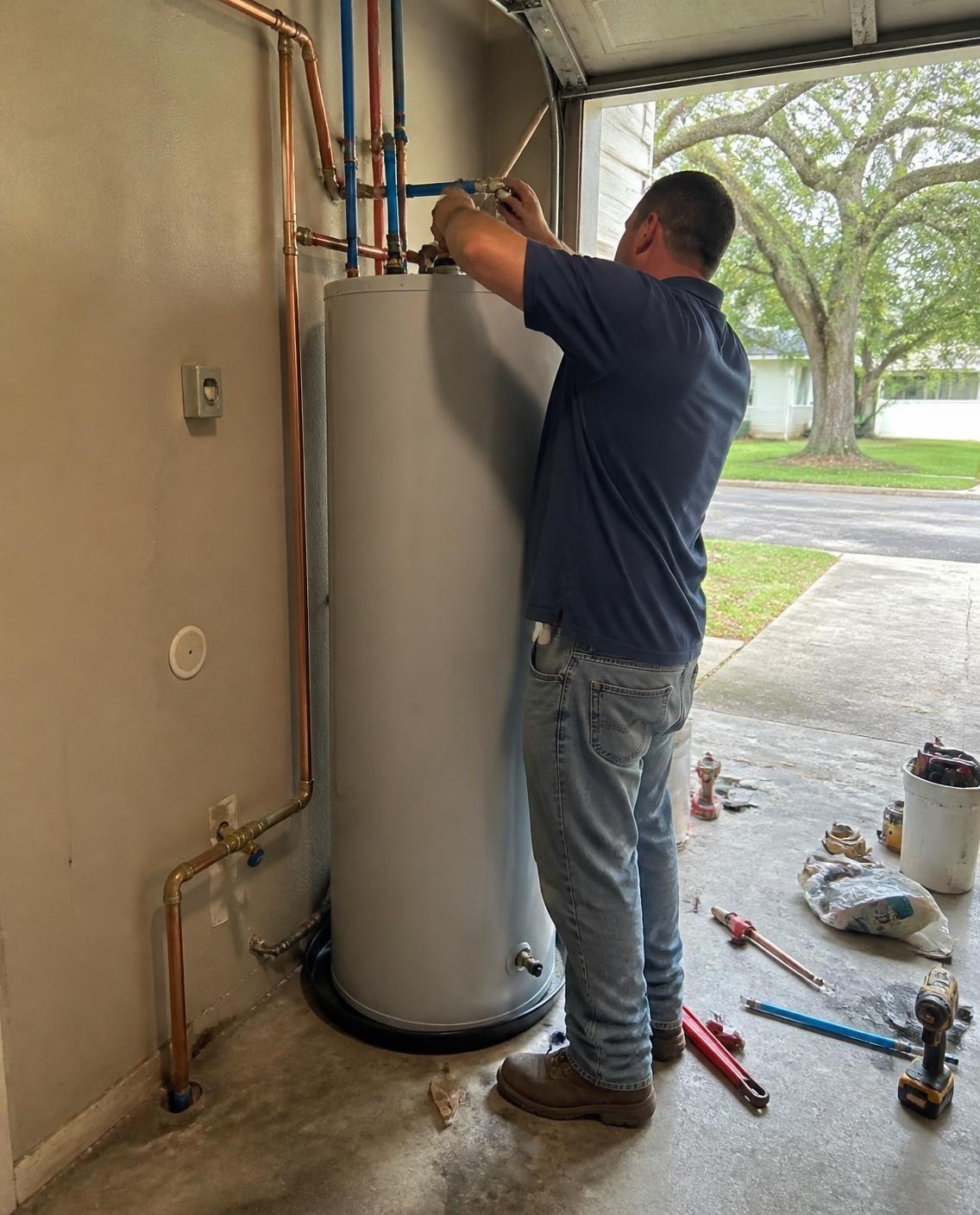 Plumber installing a new water heater in a home garage