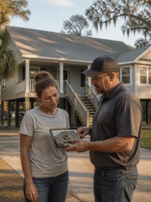 Roofing estimator showing a homeowner roof inspection photos on a tablet