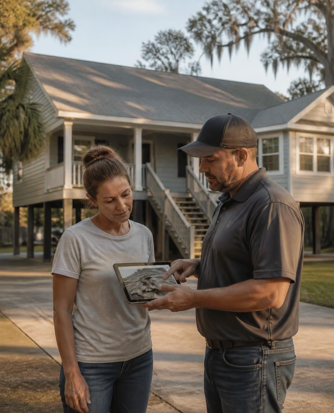 Roofing estimator showing a homeowner roof inspection photos on a tablet