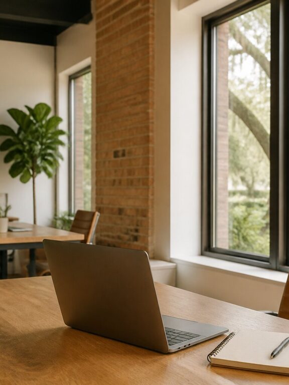 Bright small business workspace with a laptop, notebook and plants beside tall windows overlooking live oaks