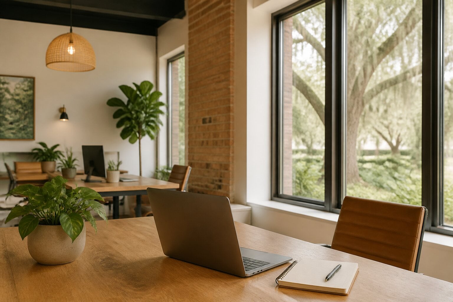 Bright small business workspace with a laptop, notebook and plants beside tall windows overlooking live oaks